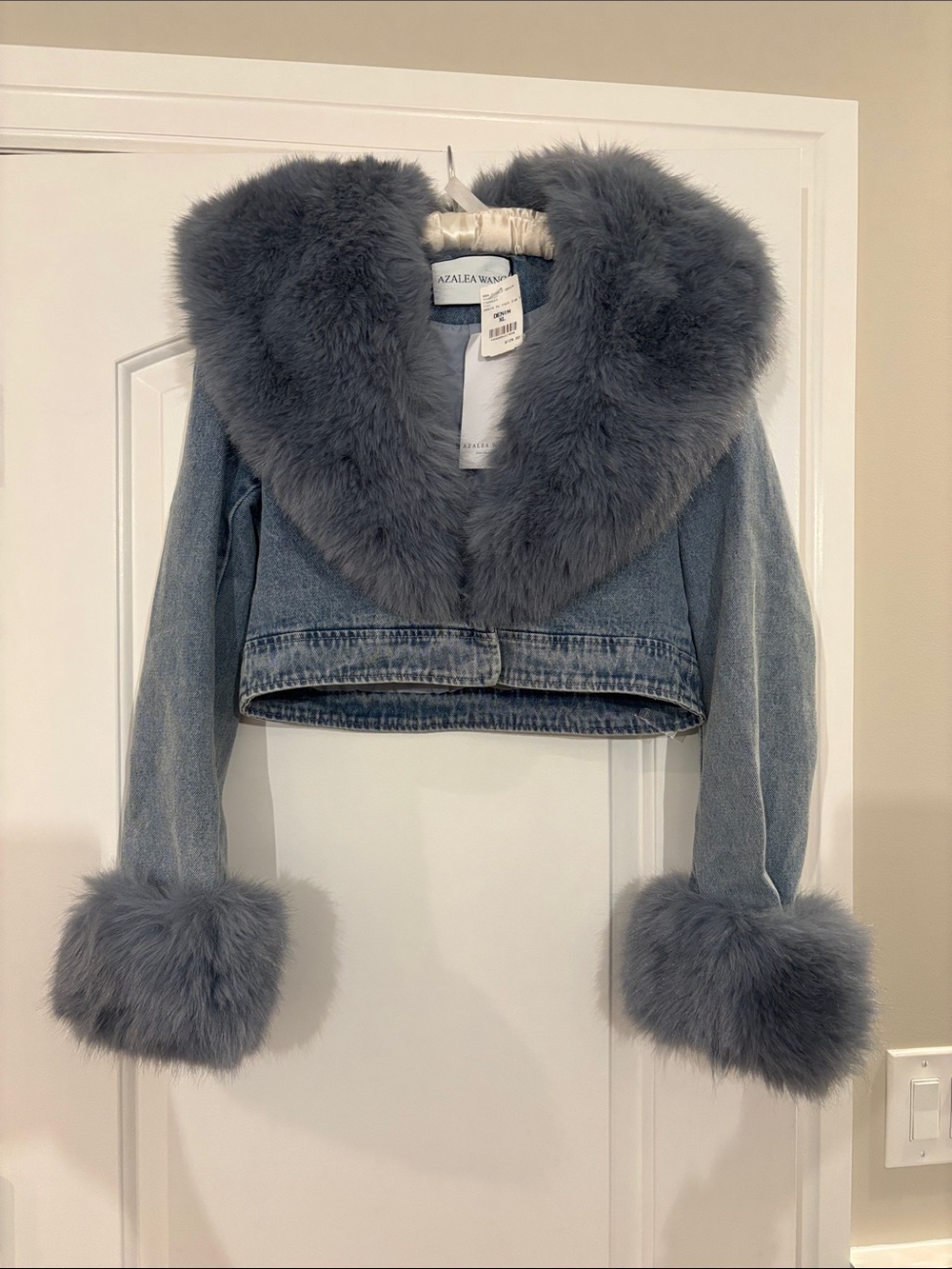 Azalea Wang Denim Washed Denim Cropped Jacket with Plush Fur Trim